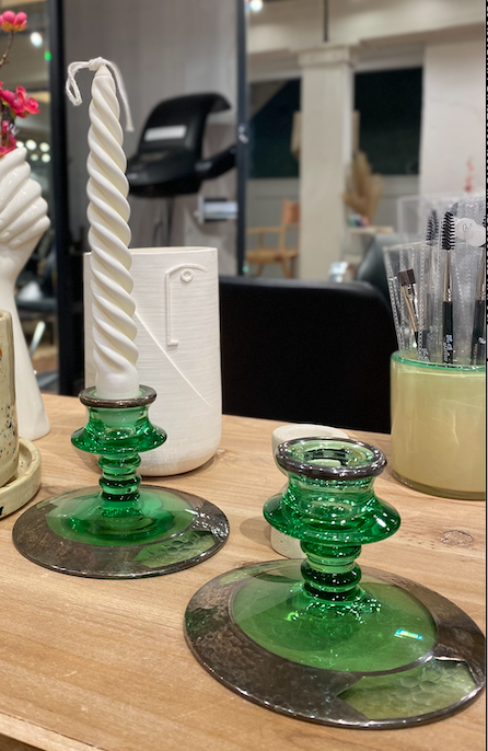 Green Glass Candle Holders- Set of 2